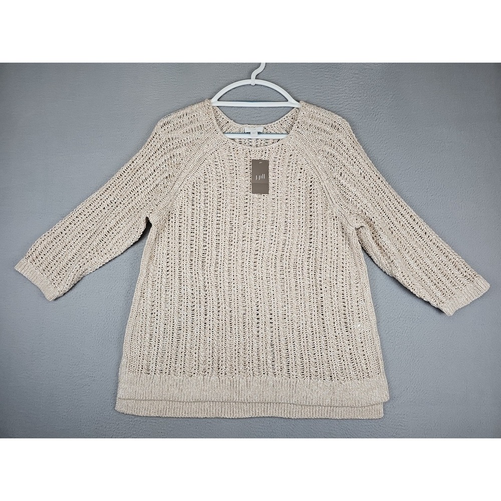 NWT J. Jill Pullover Sweater Size Small Sand White Open Knit 3/4 Sleeve $79
